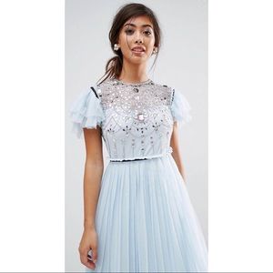 Light blue embellished tulle midi dress